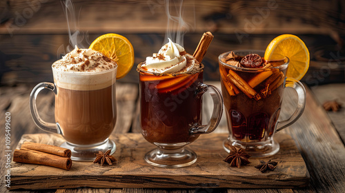 Warm and festive holiday drinks featuring hot chocolate with whipped cream, mulled wine with cinnamon, and spiced cider with orange garnish, set on a rustic wooden table for a cozy vibe