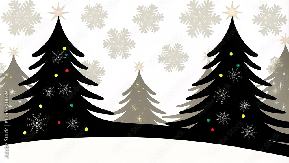 Obraz premium Festive Christmas vector design with decorated pine trees, snowflakes, and golden ornaments, in a modern flat illustration style, perfect for greeting cards and web banners