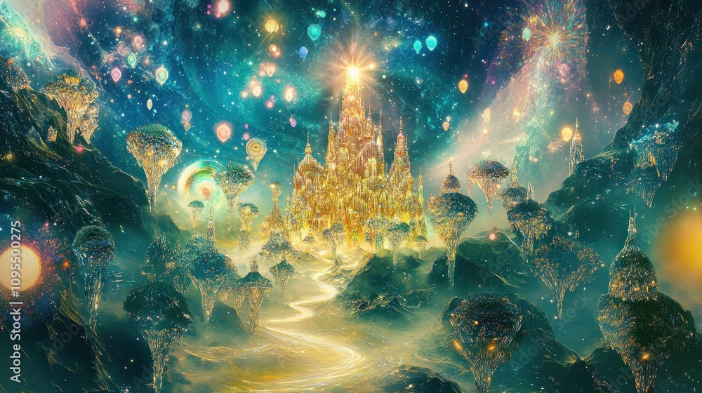 Fototapeta premium A fantastical landscape featuring a shimmering golden city amidst glowing trees and cosmic elements.