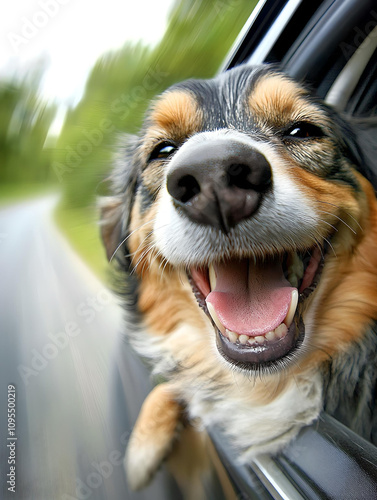 Dog joyfully sticking head out car window 