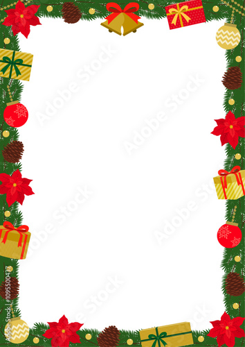 ベルやポインセチアで飾りつけた縦型のクリスマスリースのフレームイラスト

