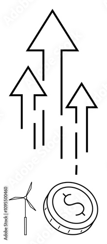 Three upward arrows with a wind turbine and a coin featuring a dollar sign. Ideal for finance, investments, sustainable energy, economic growth, renewable resources, progress, and savings. Line