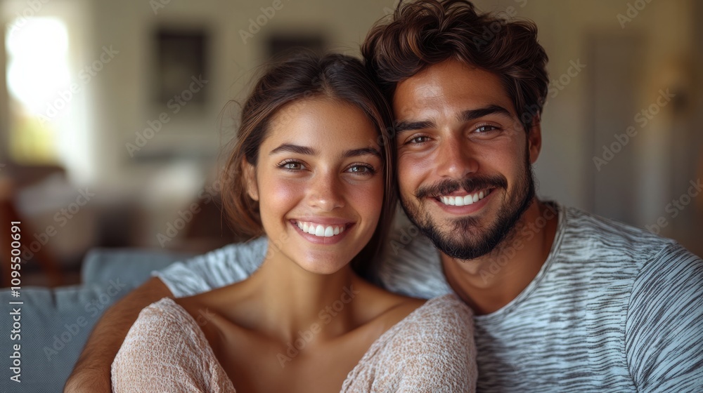 Happy couple smiling in cozy home, natural light, relaxed atmosphere, warm tones, love and connection, casual portrait, peaceful lifestyle, content expression, inviting mood Happy couple smiling in cozy home, natural light, relaxed atmosphere, warm tones, love and connection, casual portrait, peaceful lifestyle, content expression, inviting mood