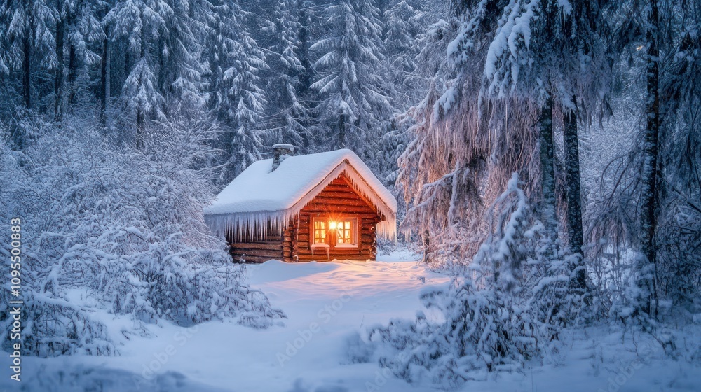 A cozy cabin illuminated in a snowy forest, evoking warmth amidst winter's chill. A cozy cabin illuminated in a snowy forest, evoking warmth amidst winter's chill.