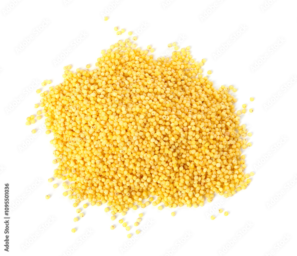 Pile of raw millet groats isolated on white, top view Pile of raw millet groats isolated on white, top view