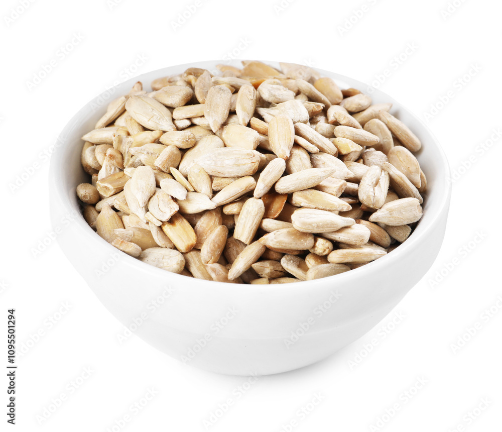 Peeled sunflower seeds in bowl isolated on white Peeled sunflower seeds in bowl isolated on white