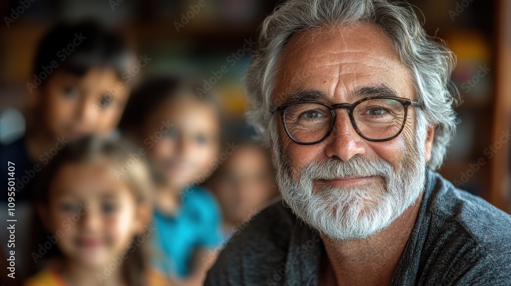 Older man with gray hair and white beard smiling warmly in classroom setting with blurred students in background, teacher figure, education, mentorship, positivity Older man with gray hair and white beard smiling warmly in classroom setting with blurred students in background, teacher figure, education, mentorship, positivity
