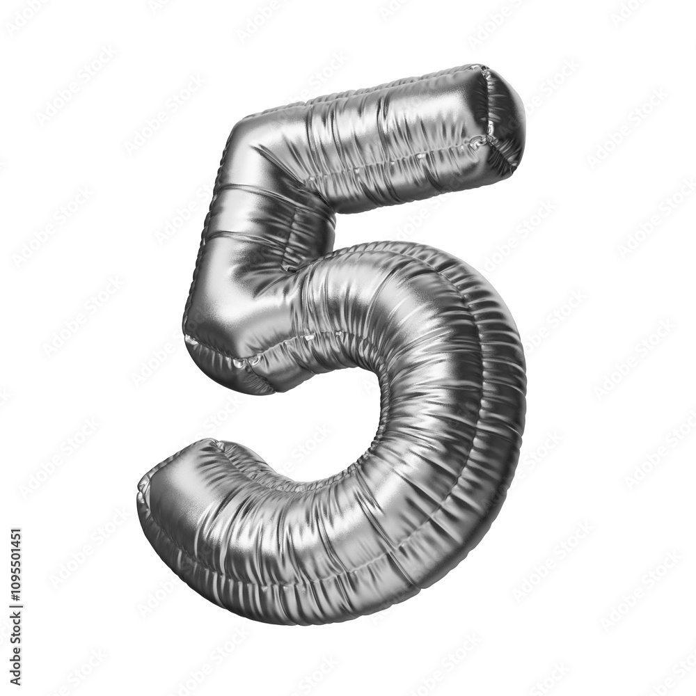 Number five in the shape of a balloon, isolated on a transparent background. An inflatable balloon of chrome color with a glossy texture. Number five in the shape of a balloon, isolated on a transparent background. An inflatable balloon of chrome color with a glossy texture.