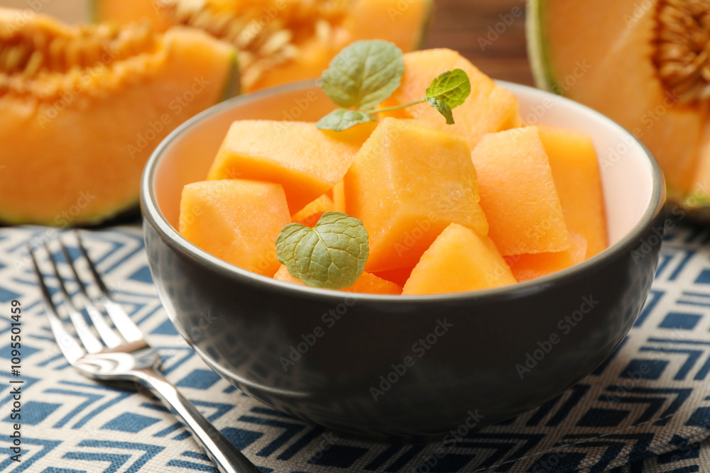 Pieces of ripe Cantaloupe melon in bowl and fork on table, closeup Pieces of ripe Cantaloupe melon in bowl and fork on table, closeup