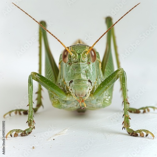 Great green bush cricket  Tettigonia viridissima  in front of white background photo