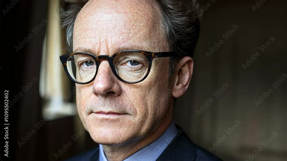 Portrait of a middle-aged man with glasses in a formal setting showcasing a serious expression and thoughtful demeanor Portrait of a middle-aged man with glasses in a formal setting showcasing a serious expression and thoughtful demeanor