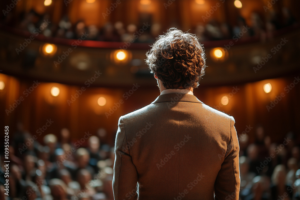 A business leader motivating their team with an inspiring speech in a beautifully designed auditorium A business leader motivating their team with an inspiring speech in a beautifully designed auditorium