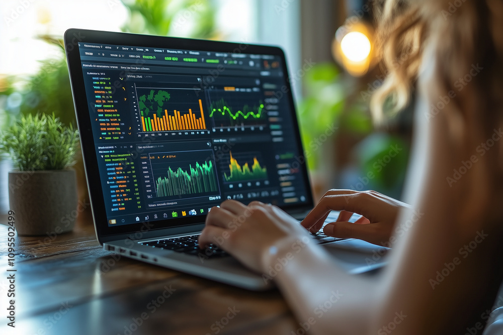 A professional analyzing a marketing campaign's success with colorful visuals displayed on a laptop A professional analyzing a marketing campaign's success with colorful visuals displayed on a laptop