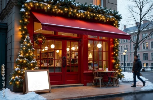 red Exterior Festively Decorated Cafe for Christmas, Mock Up, Copy Space