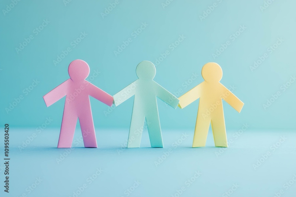 Colorful paper cutout figures holding hands, symbolizing unity and teamwork, set against a calming blue background with a soft pastel color palette. Colorful paper cutout figures holding hands, symbolizing unity and teamwork, set against a calming blue background with a soft pastel color palette.