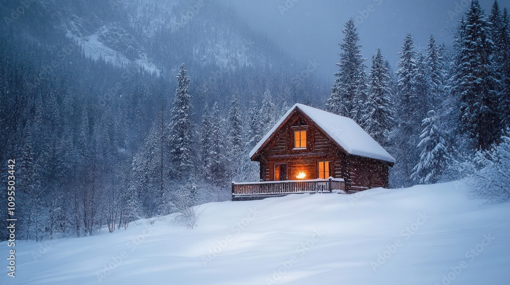 A cozy cabin illuminated in a snowy landscape surrounded by tall evergreen trees. A cozy cabin illuminated in a snowy landscape surrounded by tall evergreen trees.