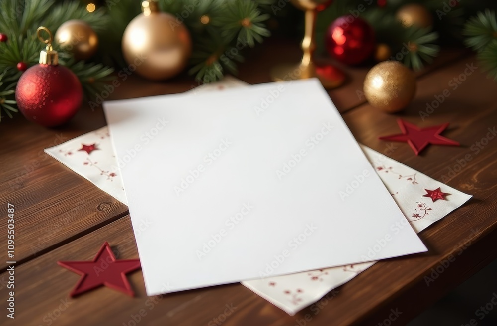 White blank sheet mock up menu, on wooden table, festive christmas background White blank sheet mock up menu, on wooden table, festive christmas background