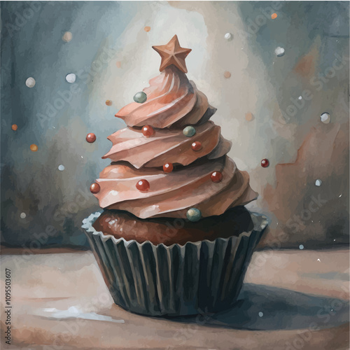 Holiday cupcake featuring a Christmas tree design with red ornaments