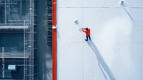 High-angle view of a painter working on a large white industrial building's roof, showcasing a minimalist aesthetic and the vastness of the structure.