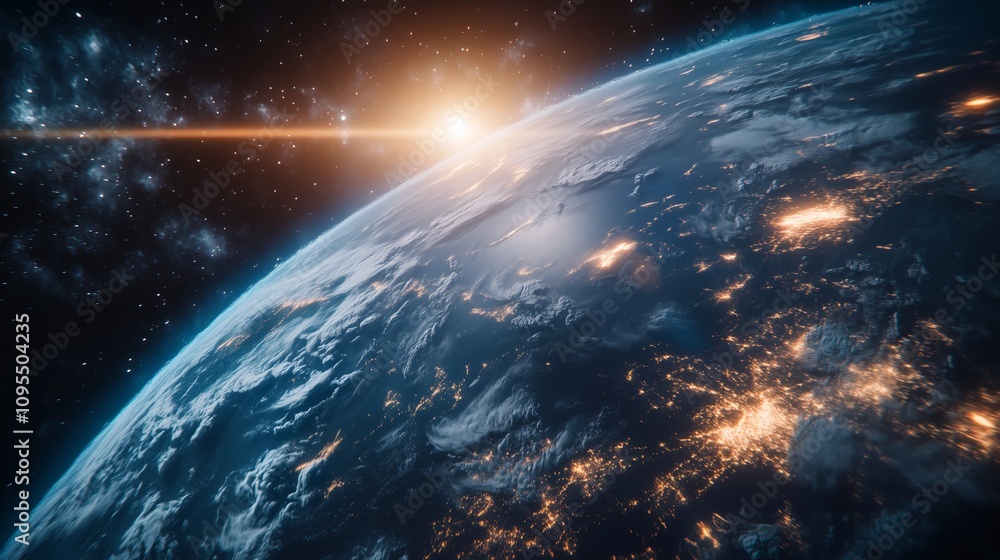 Fototapeta premium Planet with a sun shining on it. The sun is in the middle of the image and is surrounded by a lot of stars
