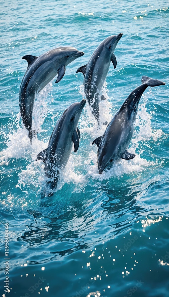 Obraz premium Group of dolphins jumping out of the water in the ocean. Natural wildlife photography. Marine life and ocean wildlife concept.