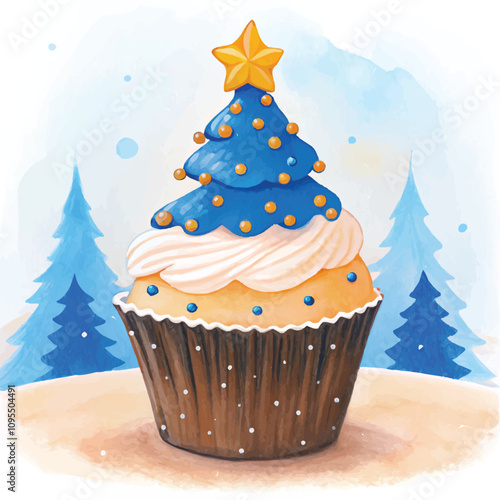 Christmas tree-themed cupcake with edible ornaments and frosting