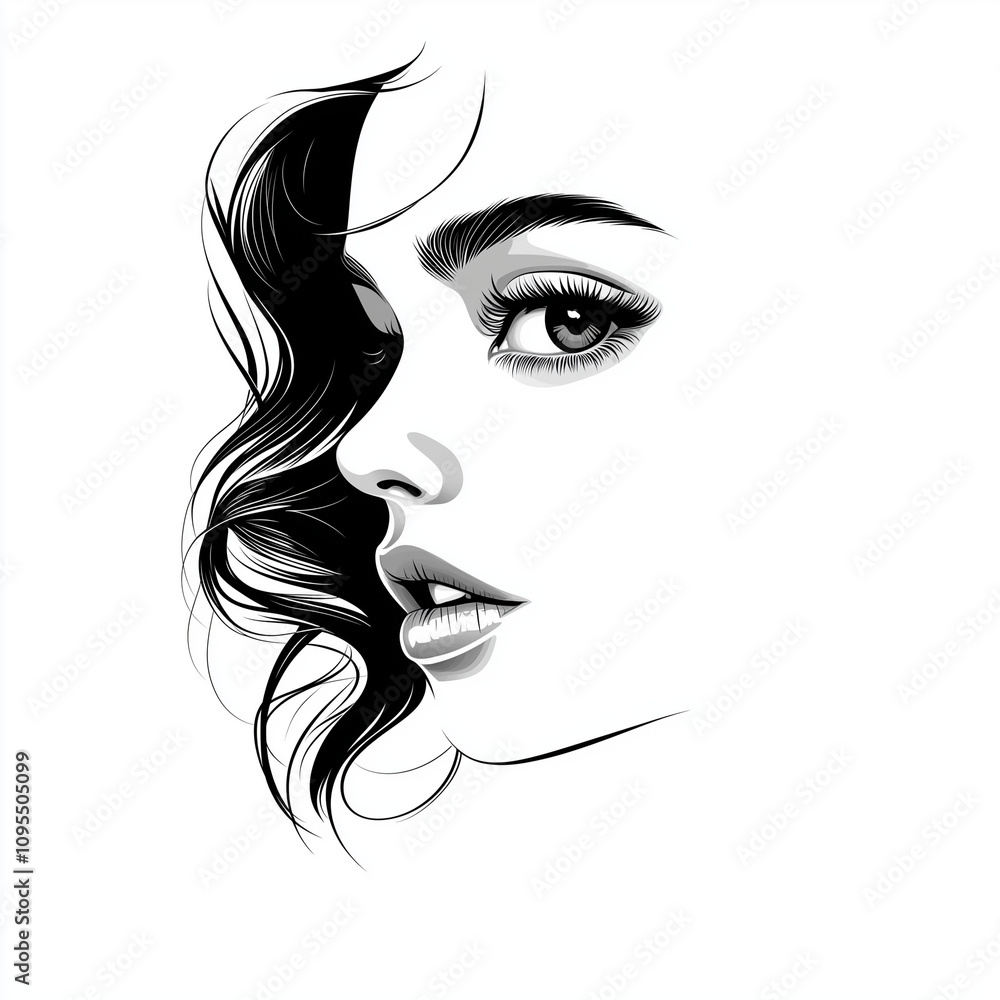 Stylish profile portrait of a young woman with curly hair in black and white line art style Stylish profile portrait of a young woman with curly hair in black and white line art style