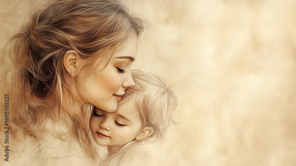 Heartwarming sketch of a mother embracing her child in soft, warm tones Heartwarming sketch of a mother embracing her child in soft, warm tones