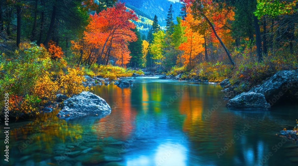 Naklejka premium A serene river scene reflecting vibrant autumn foliage in a tranquil natural setting.