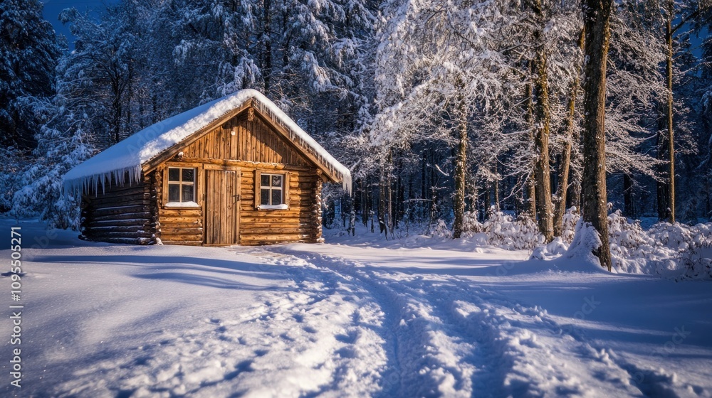 A cozy wooden cabin surrounded by snow-covered trees in a serene winter landscape. A cozy wooden cabin surrounded by snow-covered trees in a serene winter landscape.