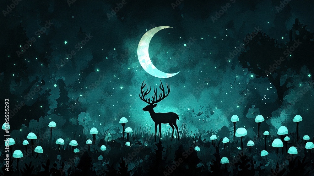 A nocturnal deer painted amidst a moonlit forest A nocturnal deer painted amidst a moonlit forest