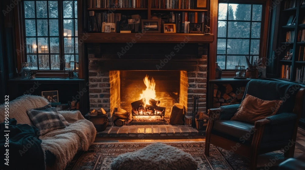 Cozy Living Room with Fireplace and Bookshelves Cozy Living Room with Fireplace and Bookshelves