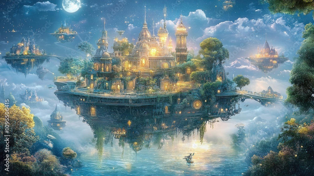 A fantastical floating city illuminated by lights, surrounded by clouds and water. A fantastical floating city illuminated by lights, surrounded by clouds and water.