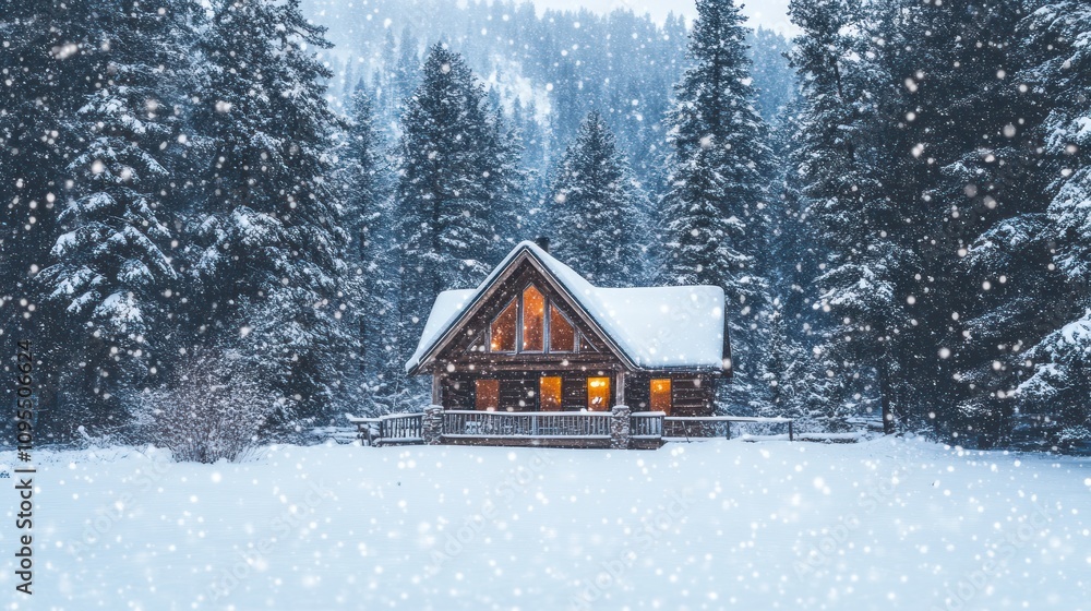 A cozy wooden cabin surrounded by snow-covered trees in a winter landscape. A cozy wooden cabin surrounded by snow-covered trees in a winter landscape.