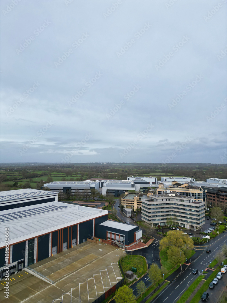 Aerial View of Central City Centre Elstree Uxbridge London City of England, Great Britain. It Was Rainy and Cloudy Day with Strong Winds over England, UK. April 4th, 2024 Aerial View of Central City Centre Elstree Uxbridge London City of England, Great Britain. It Was Rainy and Cloudy Day with Strong Winds over England, UK. April 4th, 2024