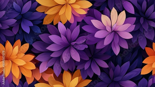  A close-up of vibrant purple and orange flowers against a dark background