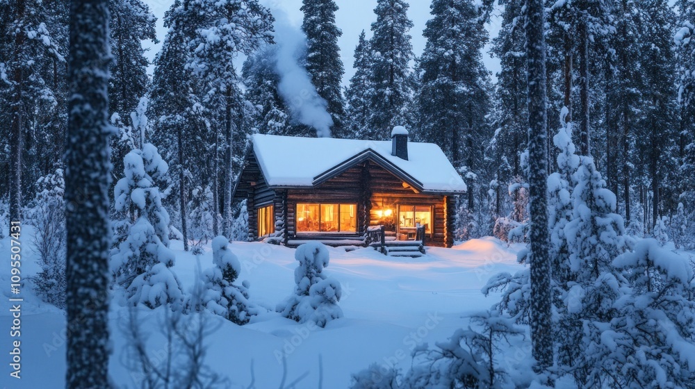 A cozy cabin in a snowy forest, glowing warmly amidst tall trees. A cozy cabin in a snowy forest, glowing warmly amidst tall trees.
