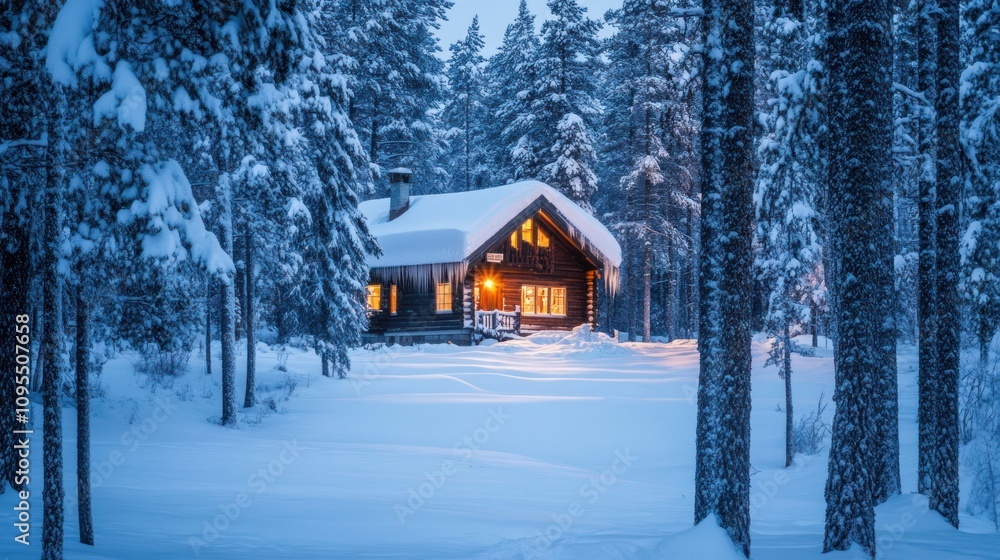 A cozy cabin illuminated in a snowy forest, evoking warmth in a winter landscape. A cozy cabin illuminated in a snowy forest, evoking warmth in a winter landscape.