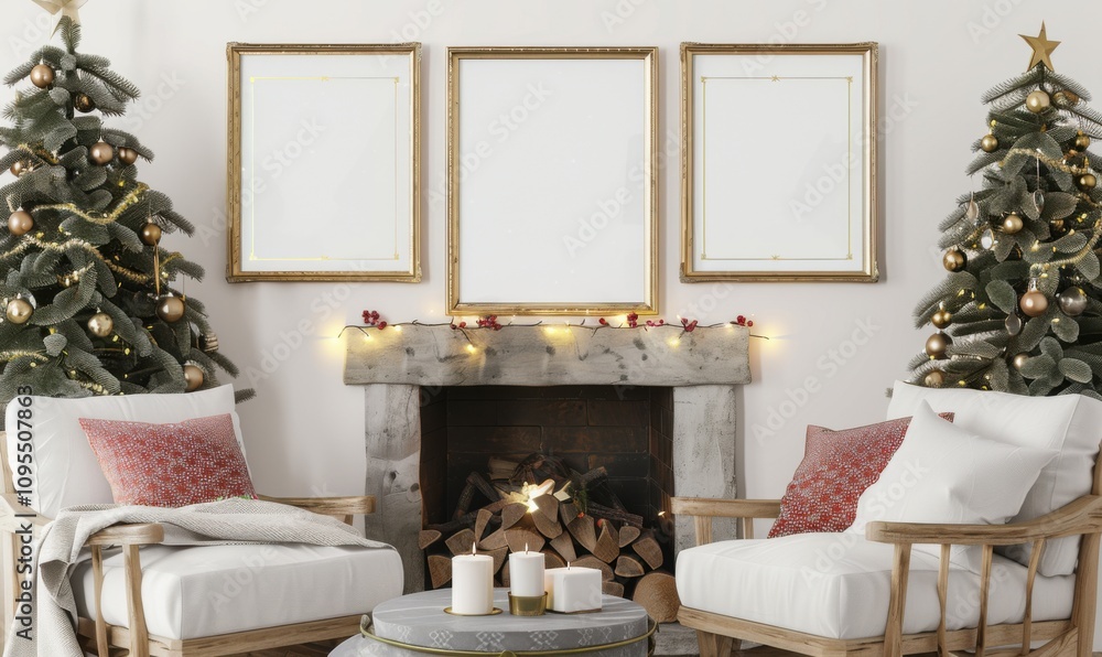 This stylish living room invites warmth during the New Year’s holiday, showcasing a pair of empty picture frames flanking a cozy fireplace, surrounded by festive evergreen trees and soft candlelight This stylish living room invites warmth during the New Year’s holiday, showcasing a pair of empty picture frames flanking a cozy fireplace, surrounded by festive evergreen trees and soft candlelight