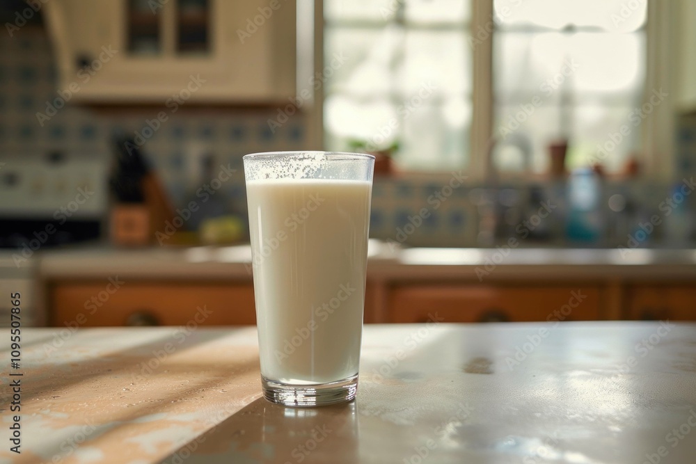 Fresh glass of milk on kitchen table, soft lighting and warm atmosphere creating a cozy home environment. Perfect for beverage and healthy lifestyle concepts. Fresh glass of milk on kitchen table, soft lighting and warm atmosphere creating a cozy home environment. Perfect for beverage and healthy lifestyle concepts.