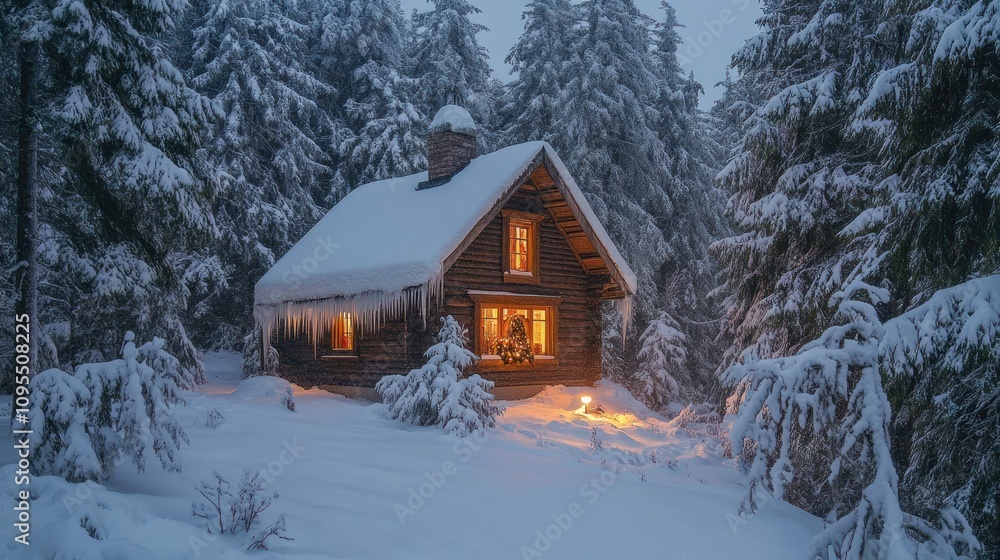 A cozy cabin surrounded by snow-covered trees, illuminated warmly in a winter landscape. A cozy cabin surrounded by snow-covered trees, illuminated warmly in a winter landscape.