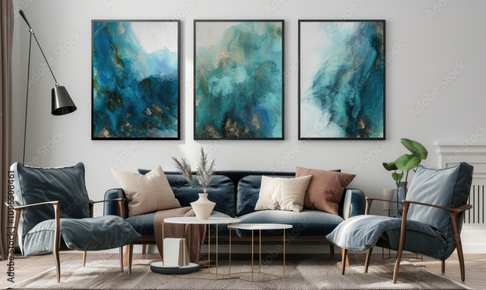The bright living room boasts a sleek sofa, elegant armchairs with decorative cushions, and a vibrant triptych of abstract art that energizes the space The bright living room boasts a sleek sofa, elegant armchairs with decorative cushions, and a vibrant triptych of abstract art that energizes the space