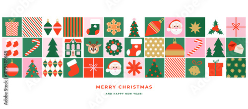 Merry Christmas and Happy New Year horisontal greeting banner. Trendy Xmas background with minimalist simple icons in abstract geometric style for advertising, wallpaper, card, cover.