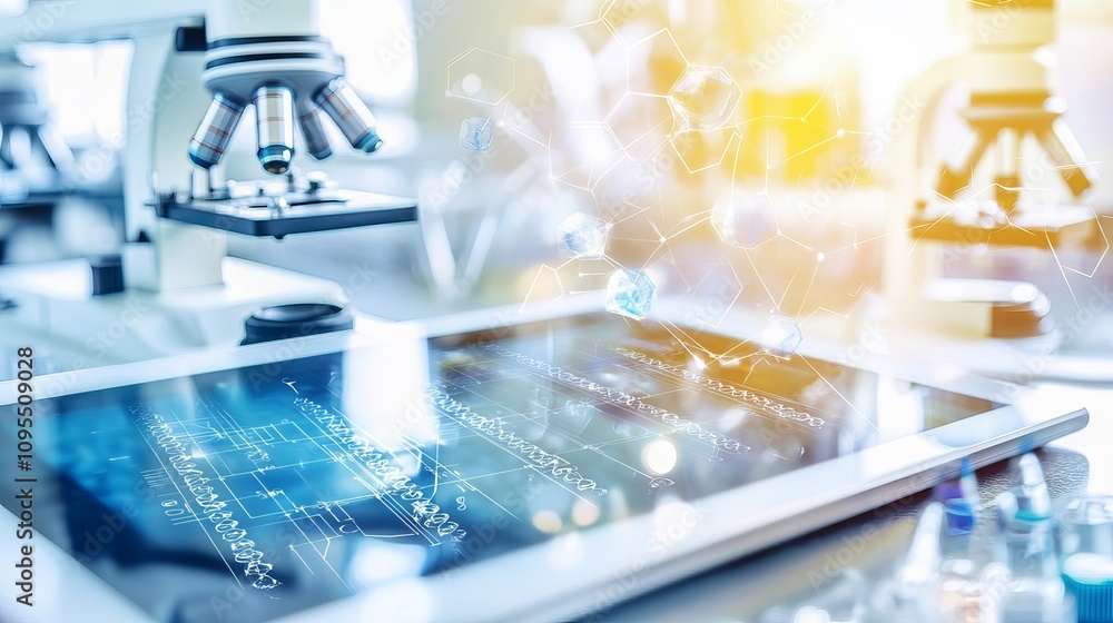 Modern laboratory setup featuring a microscope and digital tablet, symbolizing scientific research and innovation. Modern laboratory setup featuring a microscope and digital tablet, symbolizing scientific research and innovation.
