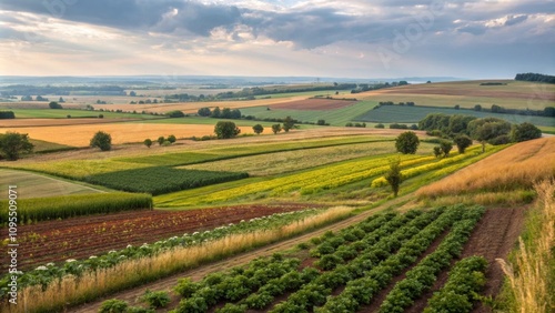 Diverse flora arranged in patches across a vast farmland.