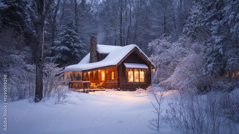 A cozy log cabin illuminated in a snowy landscape during twilight. A cozy log cabin illuminated in a snowy landscape during twilight.
