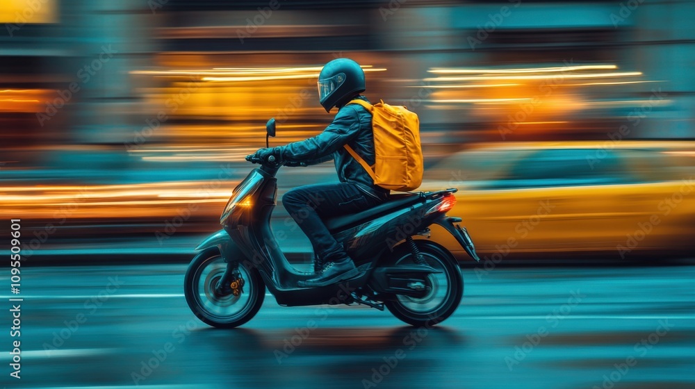 Fototapeta premium Motorbike rider wearing a helmet, speeding through a rainy city street, motion blur, bright golden light background, urban travel scene, fast and dynamic transportation