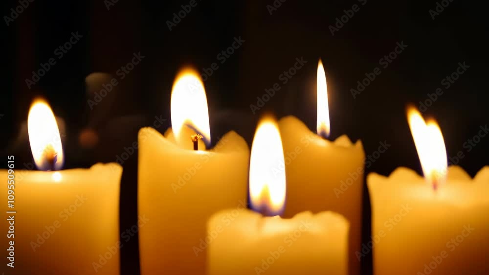 A row of candles are lit and are all the same color. There are six candles in total A row of candles are lit and are all the same color. There are six candles in total