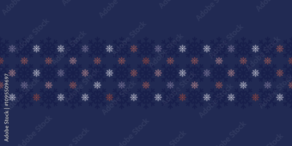 © Miroslava - Colourful Christmas seamless vector snowflake Border on dark blue background. A classic seasonal pattern for wrapping paper, greeting cards, invitations, gift boxes and web background. © Miroslava - Colourful Christmas seamless vector snowflake Border on dark blue background. A classic seasonal pattern for wrapping paper, greeting cards, invitations, gift boxes and web background.