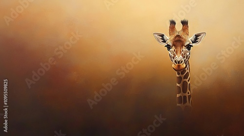   A giraffe's head in foggy area with yellow sky in background photo